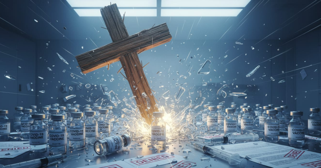 A large glowing cross smashes through COVID vaccine vials and syringes on a lab table, scattering debris and spilled liquid.