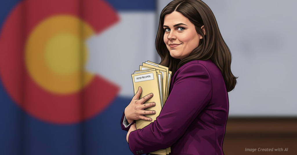 Woman resembling Jena Griswold clutching files at podium and looking back defiantly.