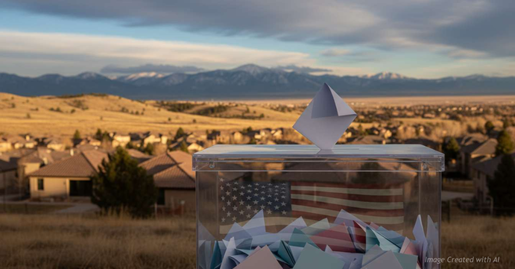 Ballot dropping into a box with Douglas County landscape behind it symbolizing voter-driven political change in 2025.