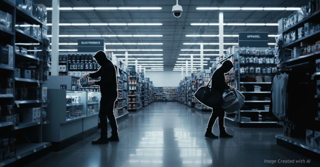 Unidentifiable figures shoplifting in a large retail store as a security camera observes the scene.