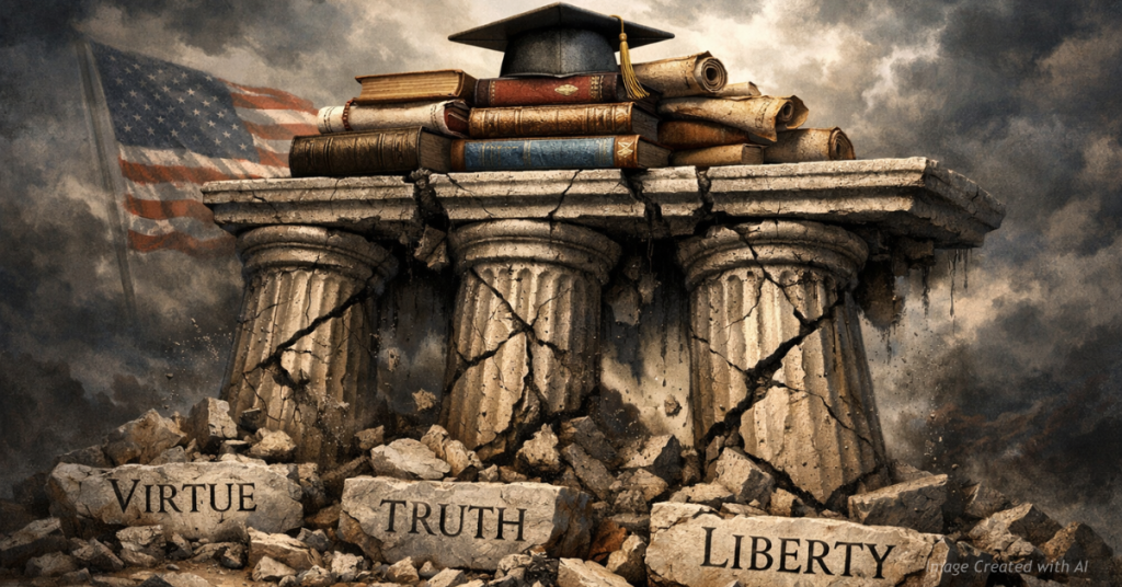 Cracked marble columns beneath books symbolize education without virtue threatening the American Republic.