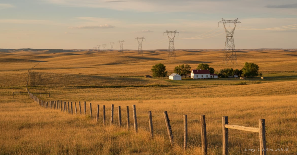 Rural Colorado ranchland with large transmission towers encroaching toward a farmhouse.
