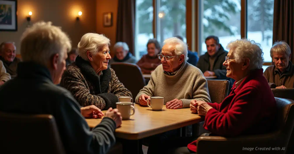 Seniors gather in a generator-lit community room during a winter power outage in Evergreen.