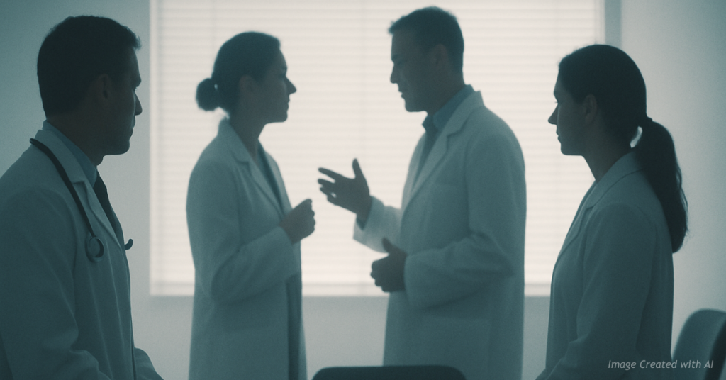 Shadowed clinicians speaking privately in a conference room about youth gender medicine