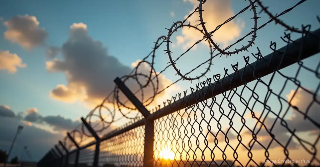 Upward view of prison fence with razor wire glowing in golden-hour light under a partly cloudy sky.