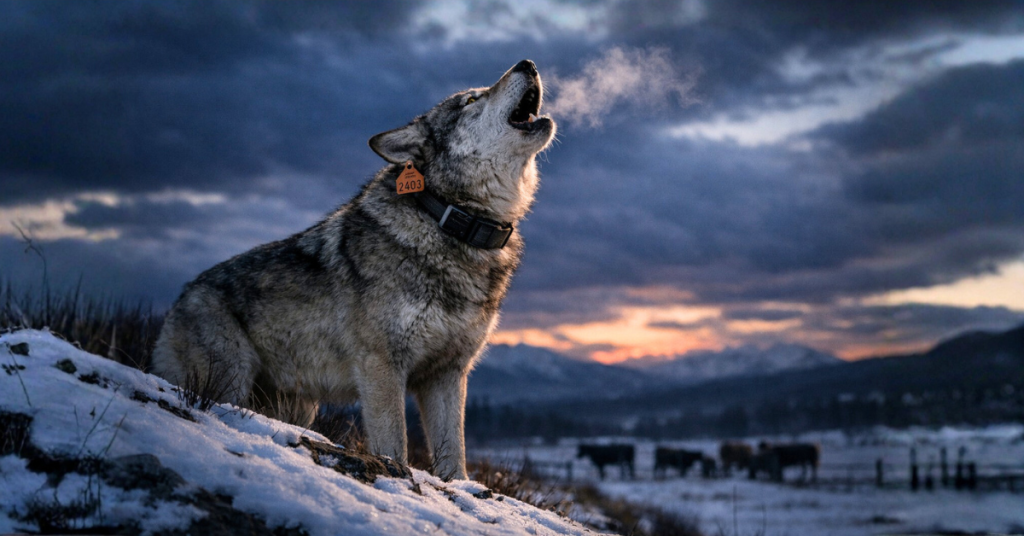 “A collared gray wolf howls on a snowy Colorado ridge overlooking ranchland at dusk.”