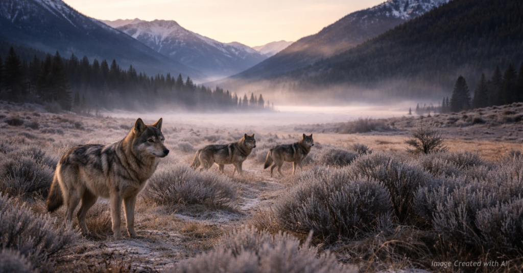 Gray wolves in a western mountain valley at sunrise