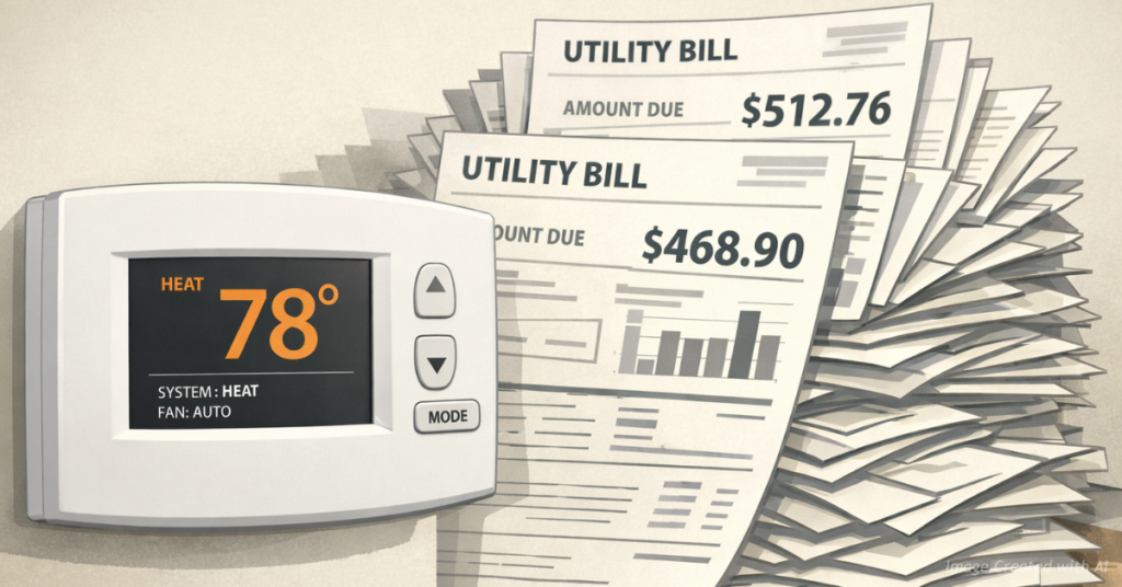 Thermostat and rising utility bills showing concern over heating costs