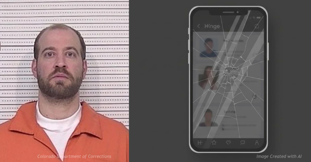 Cracked smartphone displaying a dating app interface alongside mugshot symbolizes broken trust and safety failures.