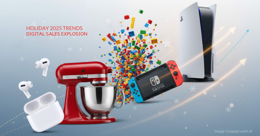 “Editorial collage of top holiday products arranged in an upward layout symbolizing strong U.S. online spending.”