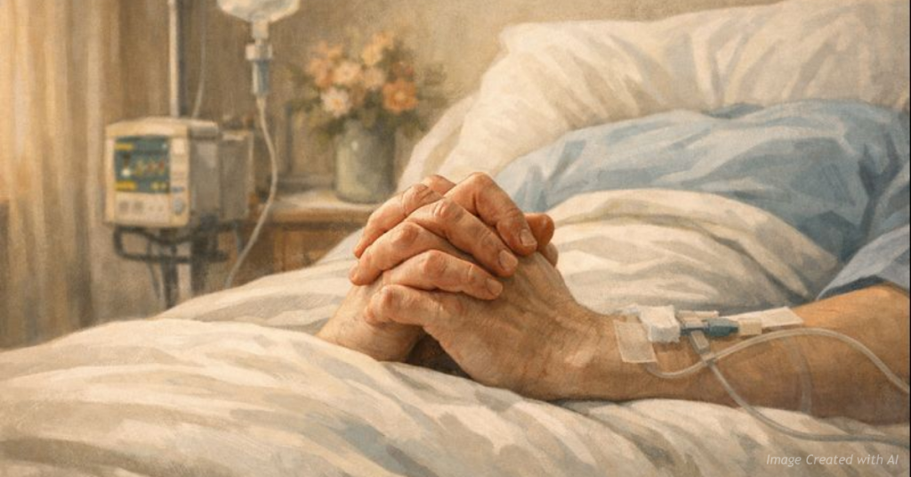 Hands clasped in prayer at a hospital bedside symbolizing faith and endurance