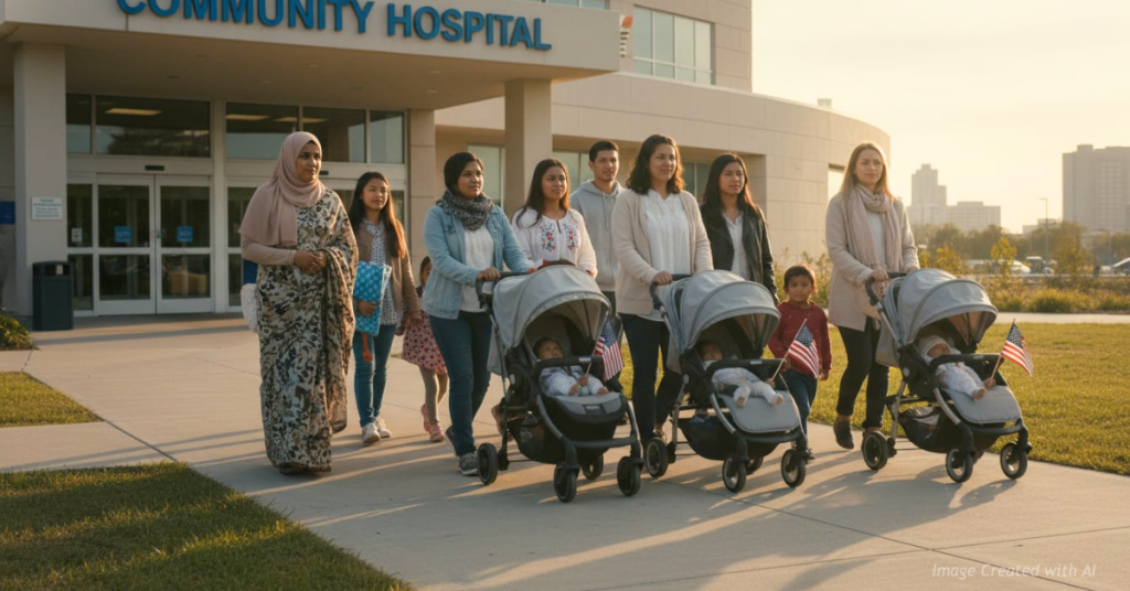 Hospital entrance with new mothers leaving with baby carriages showing tiny hands holding American flags.