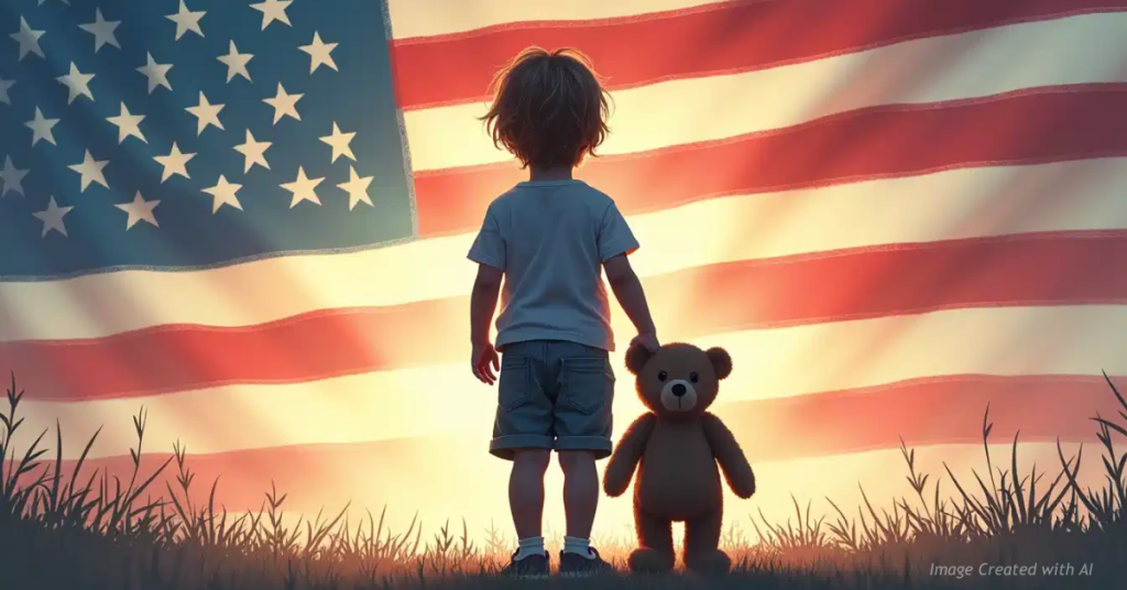 Symbolic illustration of a child holding a teddy bear with a faint American flag, representing child protection policy.