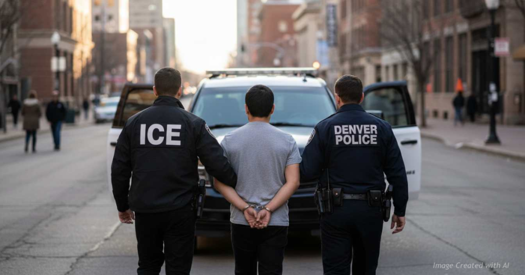 ICE and Denver police officers escort a handcuffed prisoner toward a vehicle in a realistic law enforcement scene.