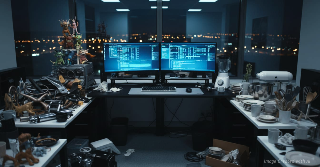 Modern IT desk surrounded by personal items like toys, auto parts, and kitchenware, symbolizing misuse of government funds.