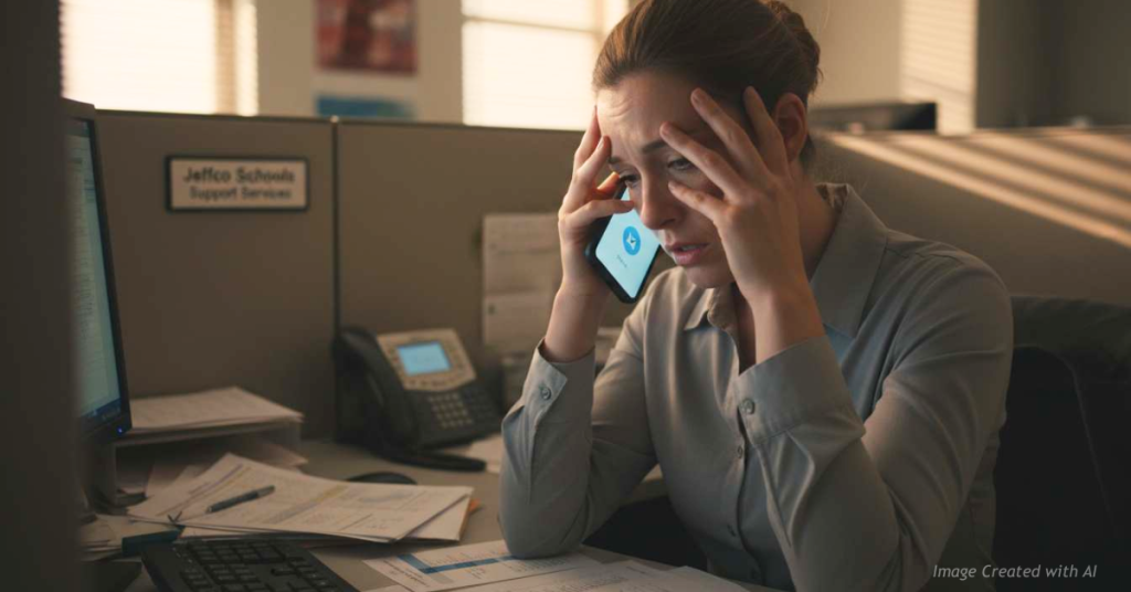 “Jeffco Support Services worker listens to a distressing voicemail about layoffs, hand on forehead.”