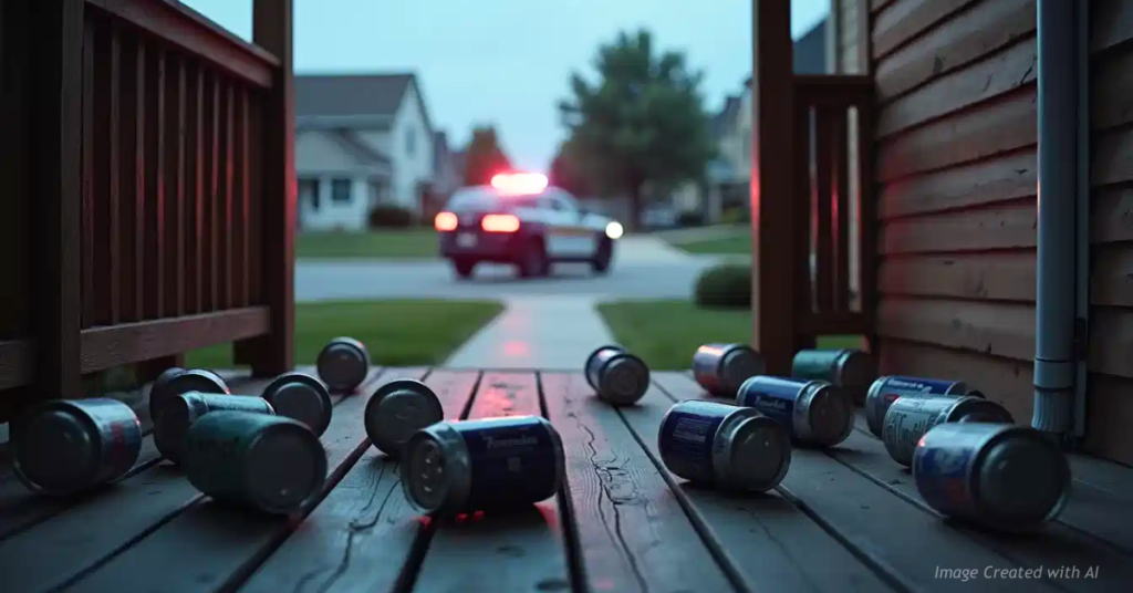 Empty beer cans on a front porch with a Jefferson County Sheriff’s vehicle driving away in the background.