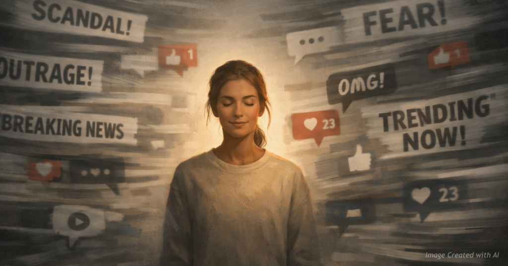 Calm figure standing in clarity while noisy headlines blur around them