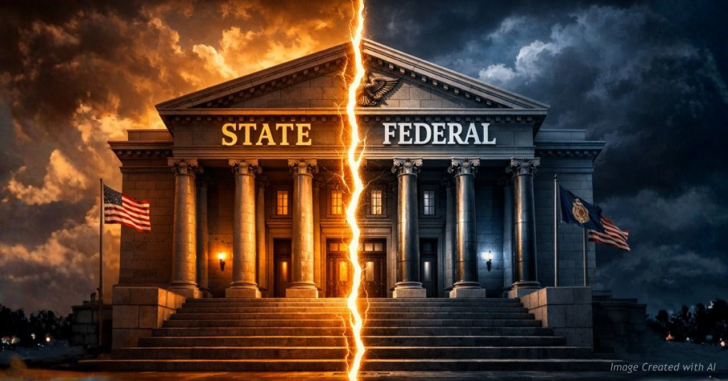 Split courthouse showing state versus federal authority in Tina Peters case