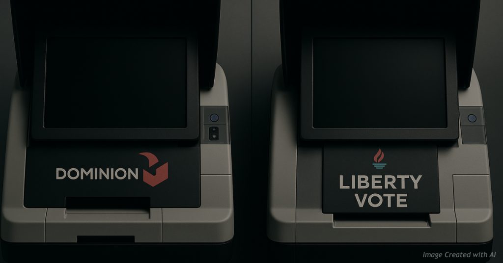 Split-screen of Dominion and Liberty Vote machines symbolizing election system uncertainty