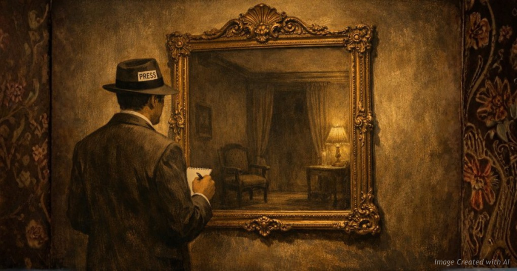 Journalist before mirror with no reflection, symbolizing lack of media self-examination