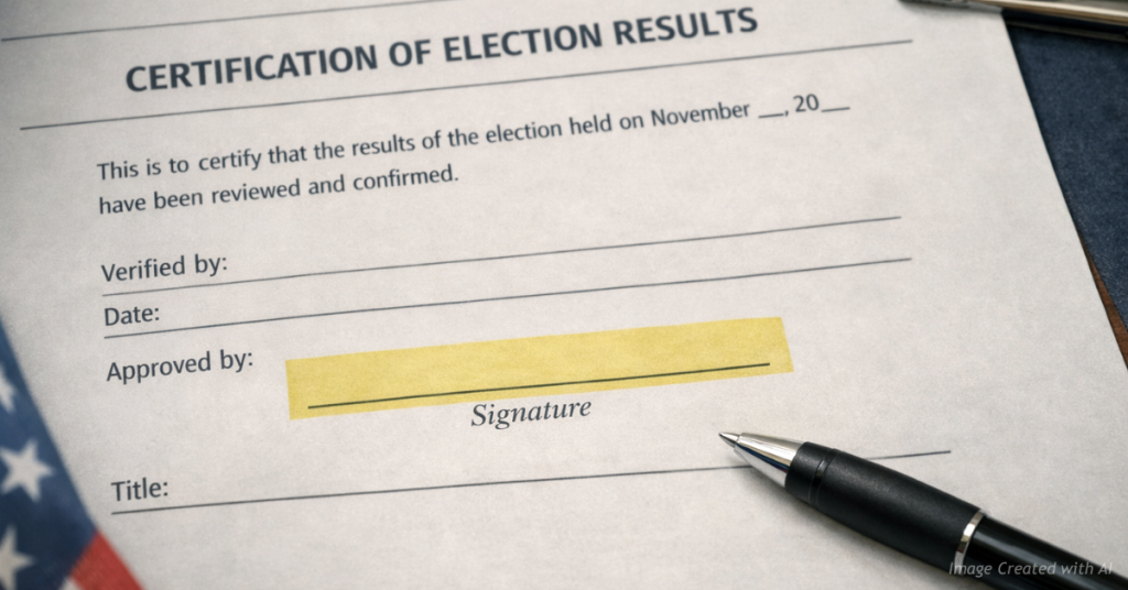 Blank signature line on election document symbolizing unverified ballots