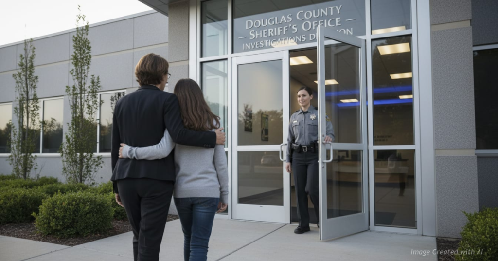 Mother and teenage daughter enter the Douglas County Sheriff’s Office as a sheriff’s officer holds the door for them.