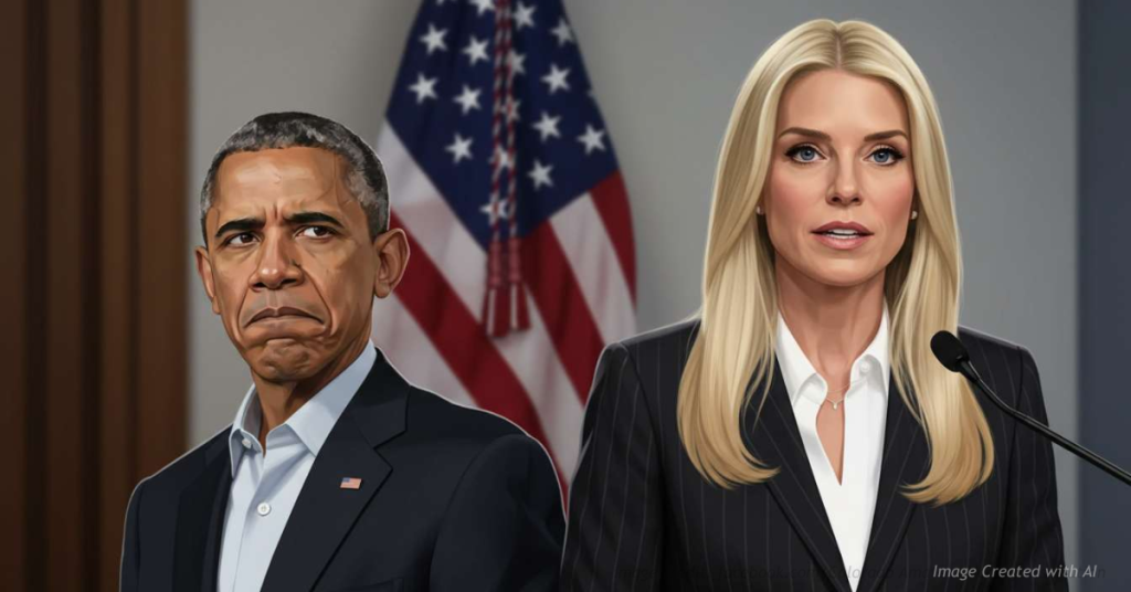 Pam Bondi speaks at a podium with the American flag behind her as Barack Obama looks on with a tense expression.