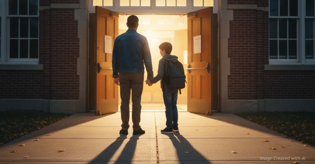 Parent and child stand together as school doors open, symbolizing restored transparency and parental involvement.