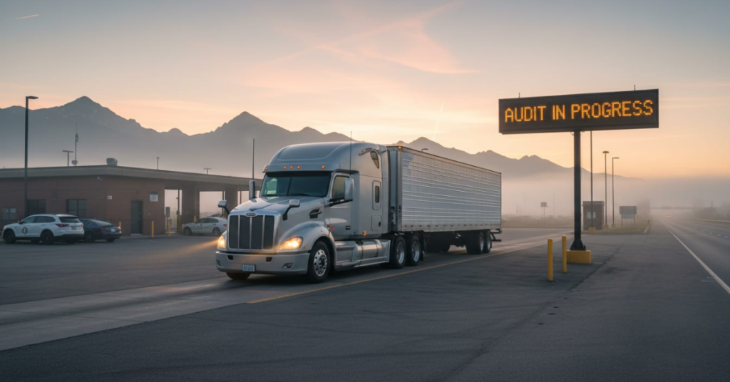 Semi-truck stopped at Colorado weigh station with “Audit in Progress” sign at dawn.