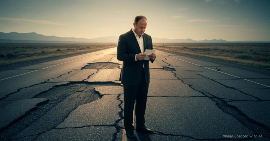 Governor Jared Polis stands on a cracked Colorado highway reading a letter as roads deteriorate.