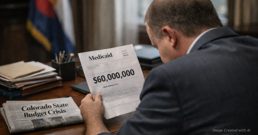 Governor Polis reviews a $60 million Medicaid invoice as Colorado faces mounting budget pressure.