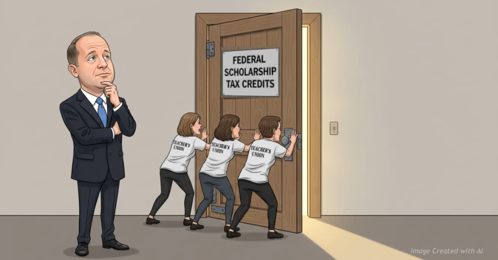 Caricature shows teachers union figures pushing a door labeled Scholarship Tax Credits as Gov. Jared Polis stands thinking.