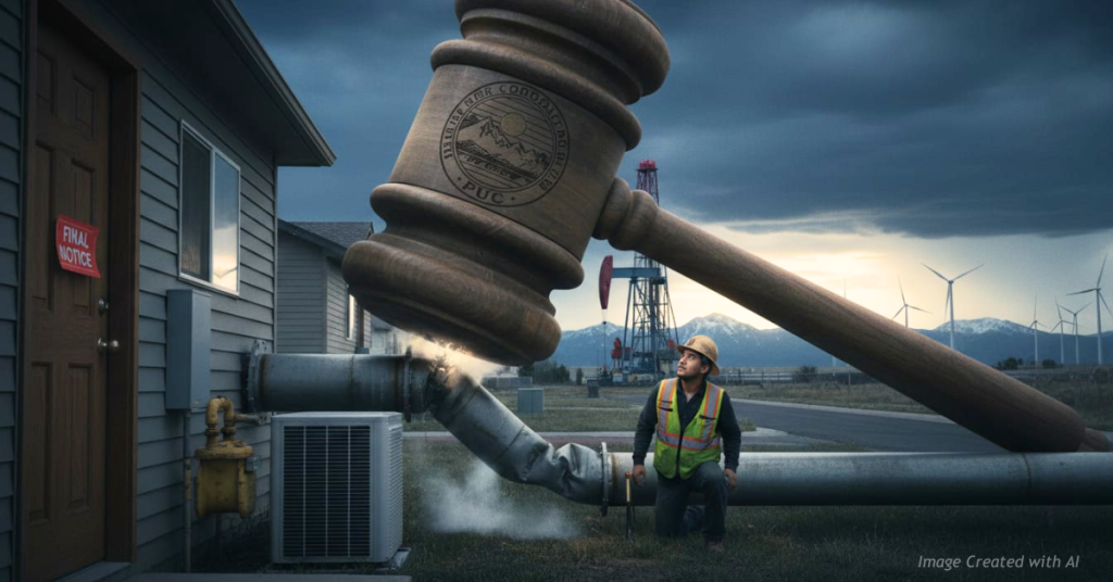 Giant PUC gavel crushing a natural gas pipeline with debris flying and a drilling rig behind.