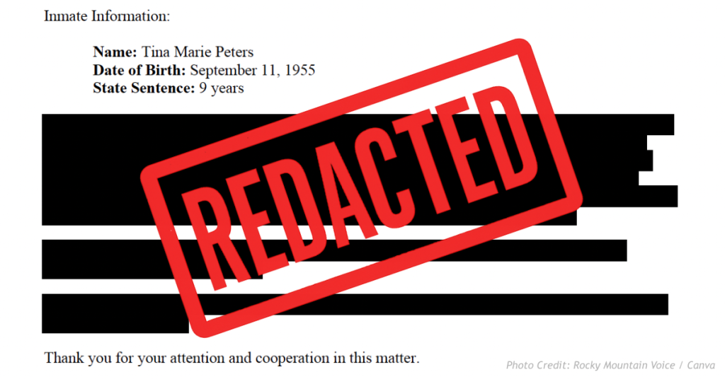 Redacted inmate information letter for Tina Peters