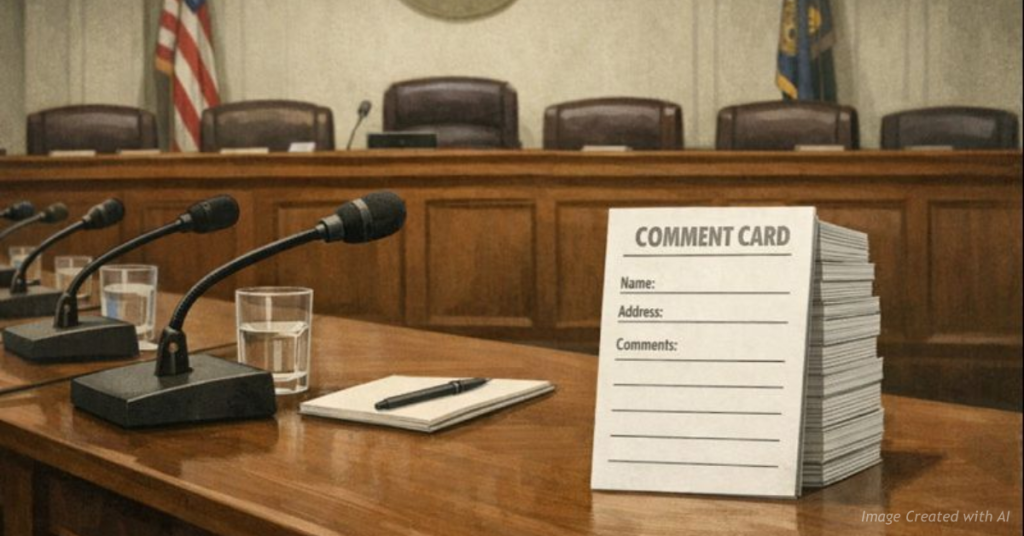 Empty hearing room with stacked comment cards symbolizing staged public input