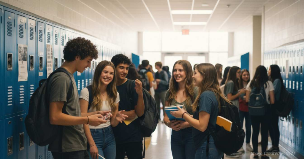 High school students talk and laugh in a hallway between classes without phones.