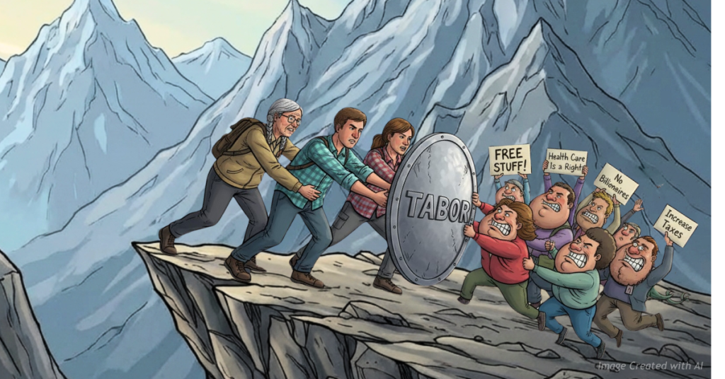 Colorado citizens hold a TABOR shield as tax pressure and activists push toward them.