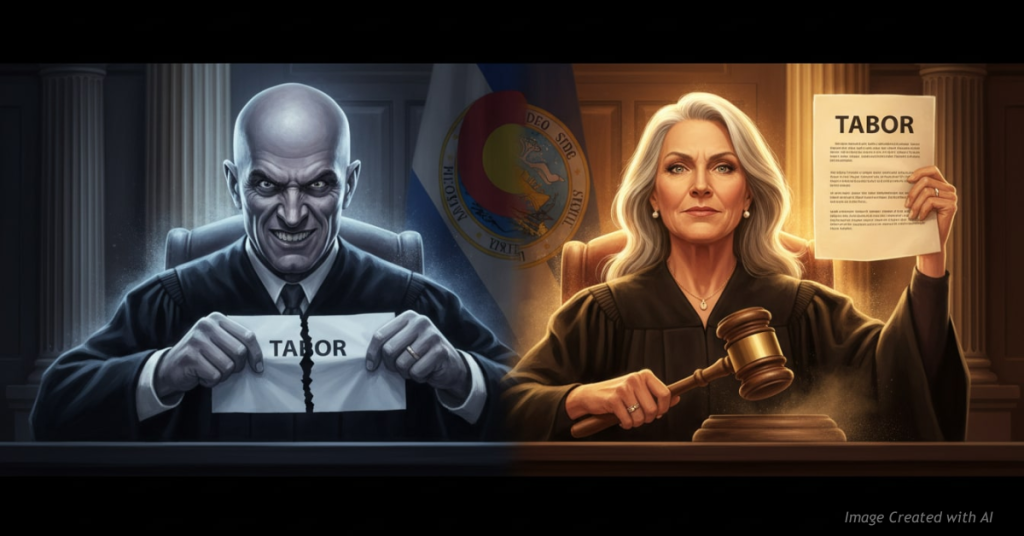 Two symbolic judges show opposing views of TABOR, one tearing the document and one defending it with a raised copy and gavel.