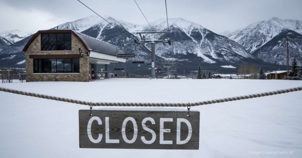“Closed sign blocks access to Telluride Ski Resort as idle lifts and San Juan Mountains loom behind.”