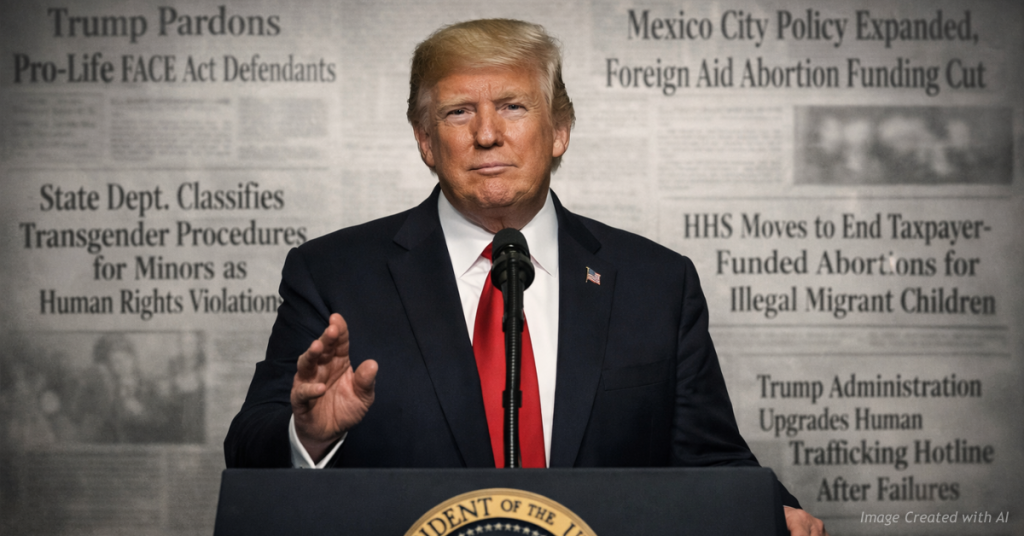 President Trump at podium with faded headlines highlighting underreported policy actions in 2025