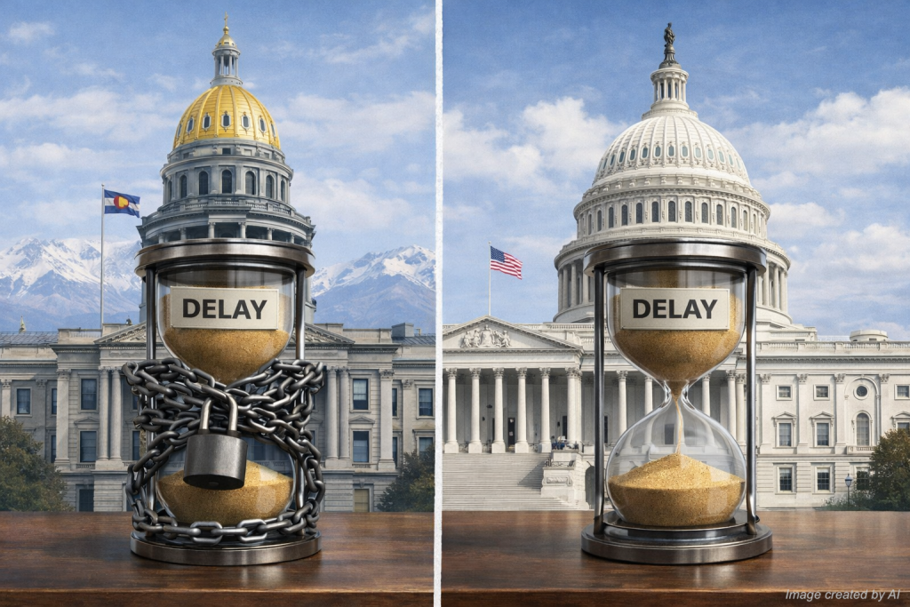 Hourglasses over state and federal buildings representing double standards