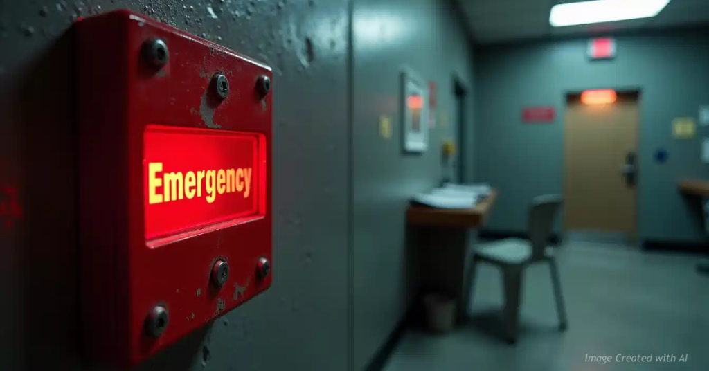 Hyper-realistic red jail emergency button glowing urgently with empty guard station behind it.