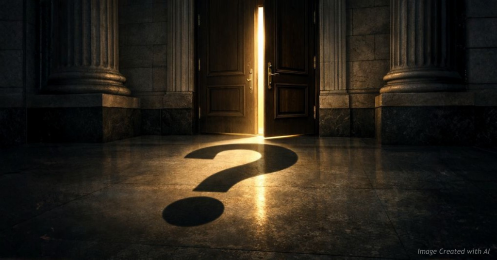 Courthouse doorway with question mark shadow symbolizing unresolved legal authority