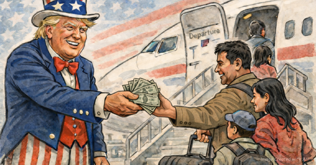 Editorial caricature of Uncle Sam handing cash to an immigrant family boarding a plane.