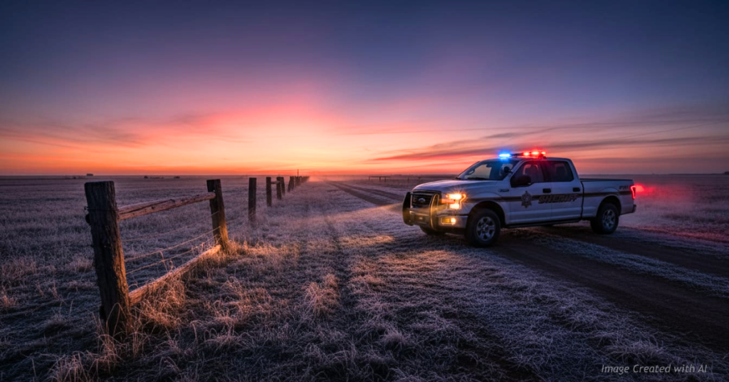 Sheriff truck lights illuminate a rural Weld County fence line during a cattle theft investigation at dusk.