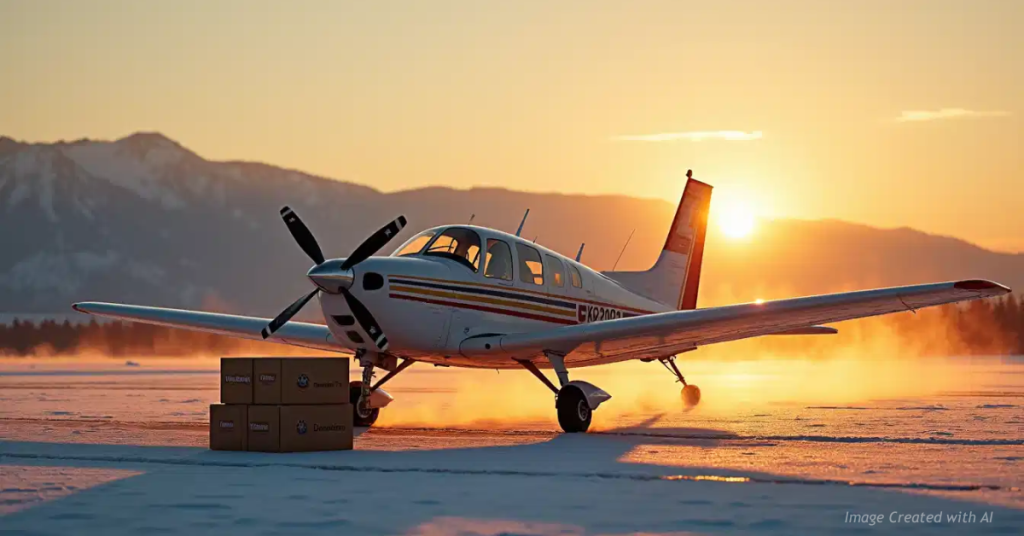 Volunteer aircraft at sunrise with VFW donation boxes on a Colorado runway during the annual holiday airlift.