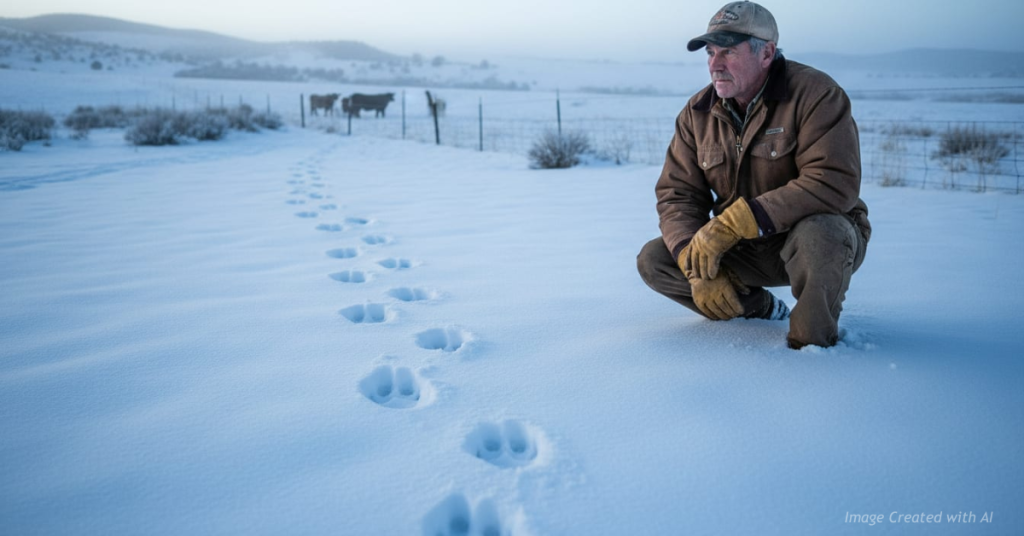 Wolf tracks in fresh snow leading toward a distant cattle pasture in rural Colorado at dawn.
