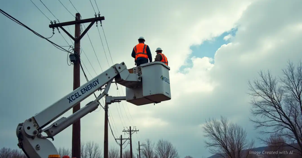 Xcel Energy crews inspect damaged power lines in Colorado following extreme winds and widespread outages.