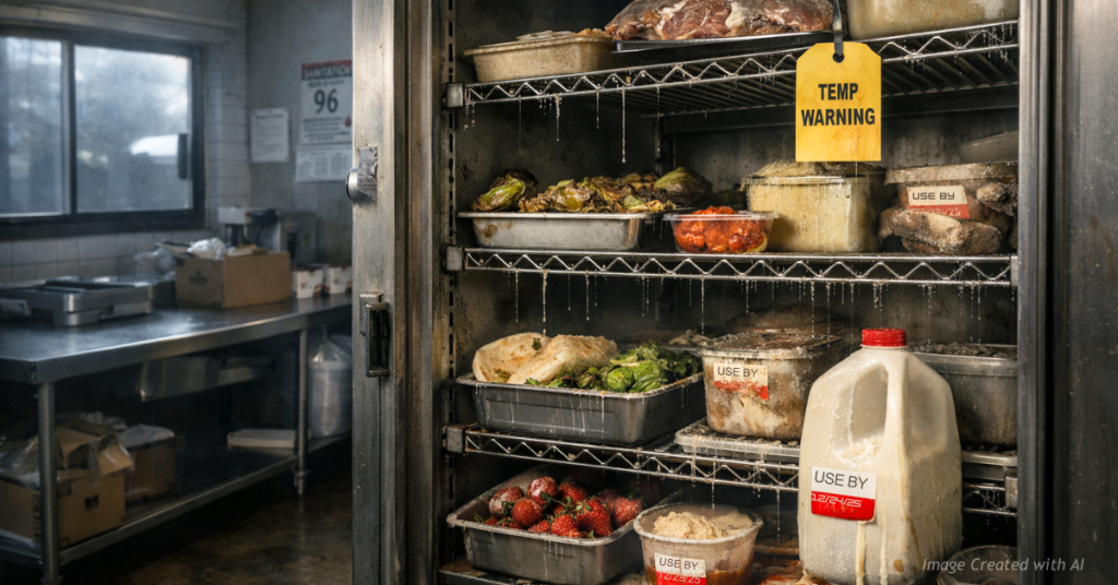 Spoiled food inside a dark commercial refrigerator after a power shutoff in a Colorado business kitchen.
